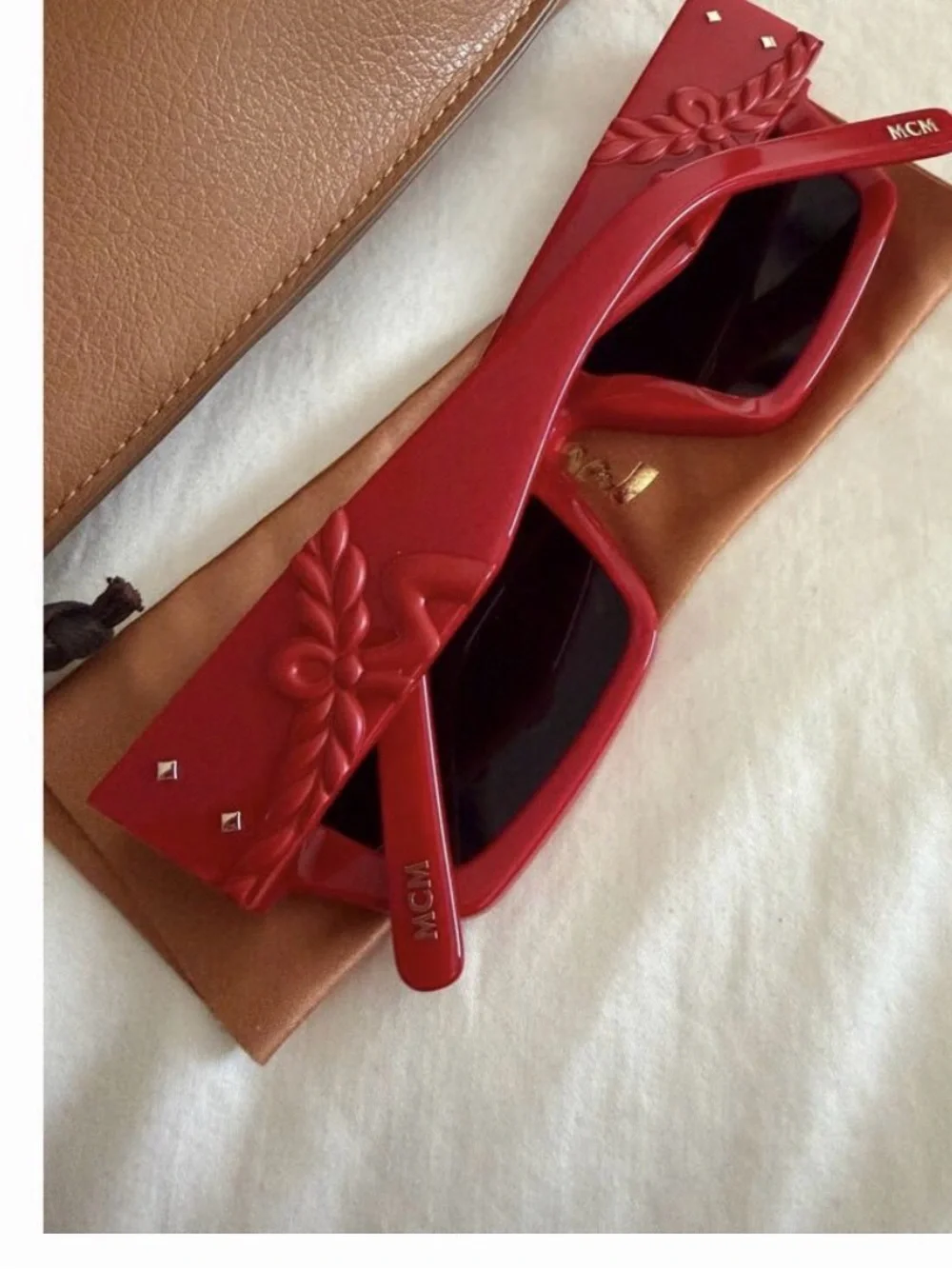 MCM Red Rectangular Sunglasses with Dark Lenses